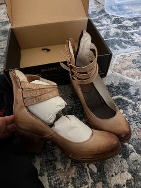 freebird Tan Leather Double-Strap Block Heel Mary Janes